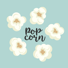 Colorful popcorn items vector cute set. Tasty fast food unhealthy meal. Some small pieces of popcorn