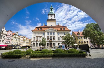 Town Hall and market square taken from the arcades of the old tenement in the Old Town of Jelenia Gora, Poland