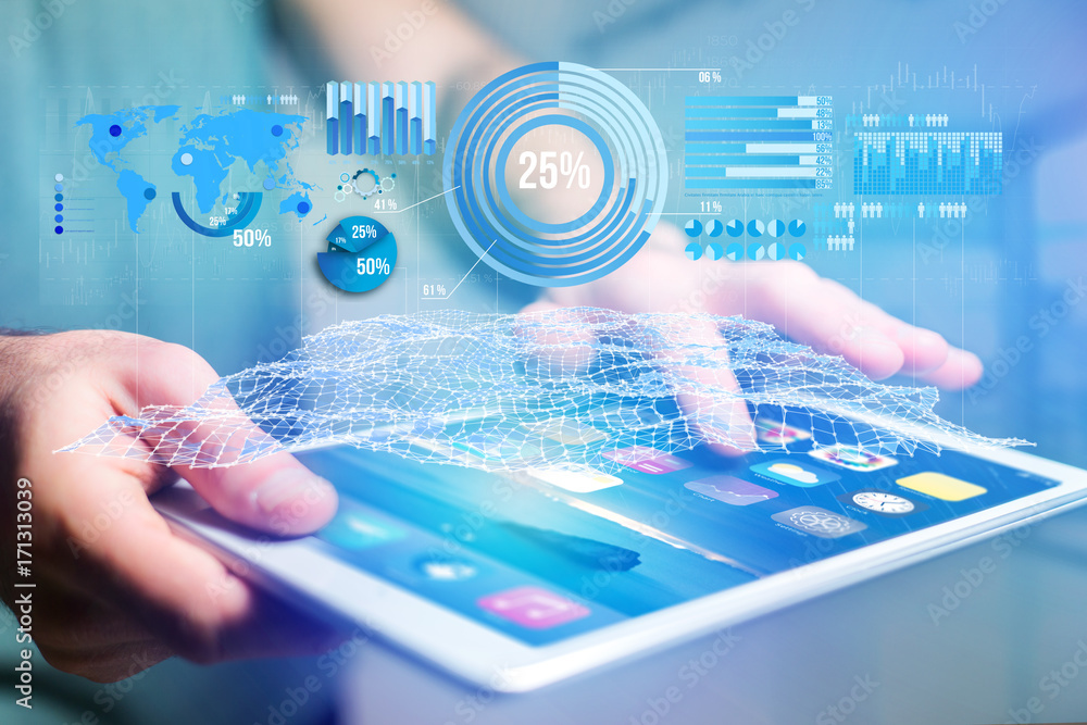 Poster business stats displayed as graph and chart on a futuristic interface - business concept