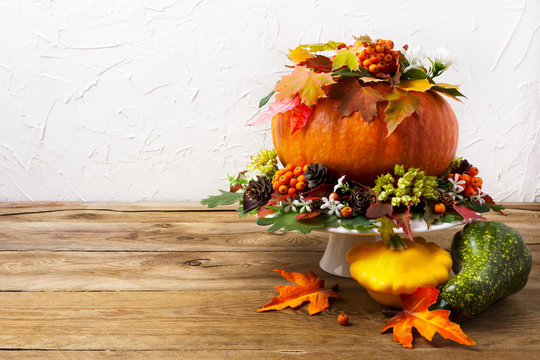 Thanksgiving table centerpiece with pumpkin and yellow squash, copy space.
