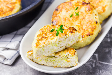 Healthy chicken zucchini fritters.  Selective focus, space for text.