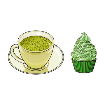 vector sketch cartoon hand drawn cup of whipped green mathca tea on a plate, cupcake sweets side view. Isolated illustration on a white background. Traditional tea ceremony attribute, symbol
