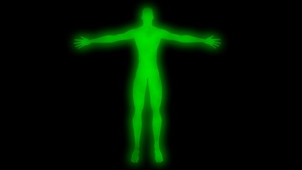 Glowing man with raised arms. Internal smoke effect in body silhouette. 3d rendering