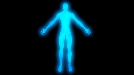 Glowing man with raised arms. Internal smoke effect in body silhouette. 3d rendering