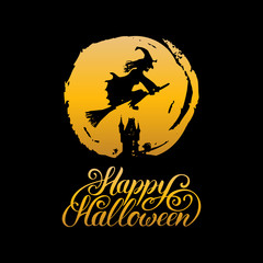 Witch vector illustration with Happy Halloween lettering. All Saints Eve background. Festive hand sketched card.