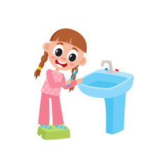 vector flat cartoon girl kid making everyday routine hygiene standing at stand near blue sink washbasin. Child character going to wash hands, brush teeth. Isolated illustration on a white background