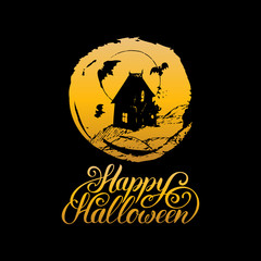Vector illustration with Happy Halloween lettering. All Saints Eve background. Festive symbols for greeting card, poster