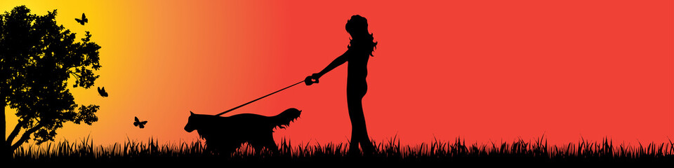 Vector silhouette of dog in nature at sunset.