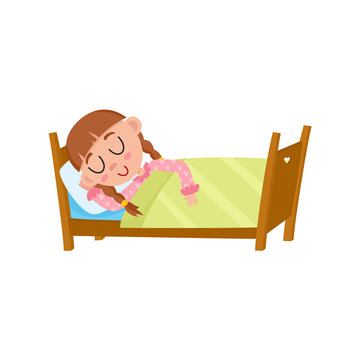 vector flat cartoon girl kid sleeping in her bed under warm blanket. Isolated illustration on a white background. Happy child character, daily routine concept.