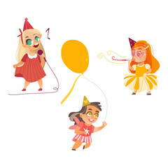vector flat cartoon kids at party set. Funny female child having fun whistling , girls singing at microphone and dancing in party hat with balloon smiling . Isolated illustration on a white background