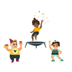 vector flat cartoon kids at party set. Black boy jumping on trampoline happily , another boys eat sweet cake and dancing in party hat smiling . Isolated illustration on a white background.