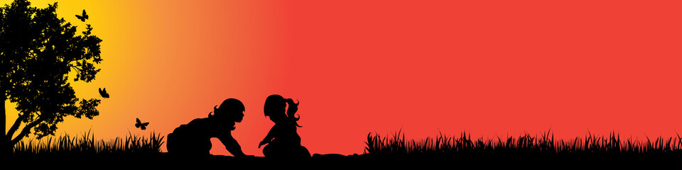 Vector silhouette of children in nature at sunset.