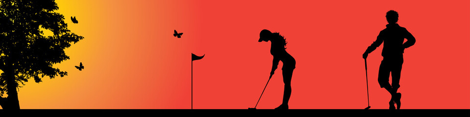 Vector silhouette of golfer in nature at sunset.