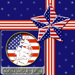 3D, Columbus Day, white silhouet of a sailboat in front of the American flag, Bright shiny text.