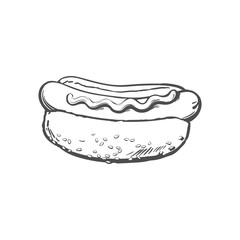 Vector sketch sausage hot dog with mustard sauce. Fast food hand drawn cartoon isolated illustration on a white background. fresh sandwich with sauce and salad