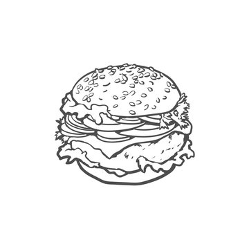 Vector burger sketch hand drawn isolated illustration on a white background. Tasty fresh fastfood chickenburger, cheesburger with vegetables. Sandwich burger with onion lettuce tomato cheese and sauce