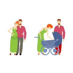 vector flat cartoon adult pregnant couple and another couple with infant baby in baby stroller. Isolated illustration on a white background. Flat family characters.