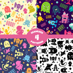 Seamless patterns set with cute cartoon monsters