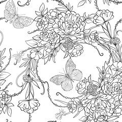 Floral seamless pattern with butterflies and bees  in realistic botanical style.  Stock vector illustration. Outline hand drawn.