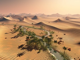 Global temperature change concept. Lonely sand ridges under striking evening sunset sky at drought desert landscape 3d rendering
