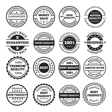 Guarantee badges and logos design set. Vector monochrome pictures with place for your text