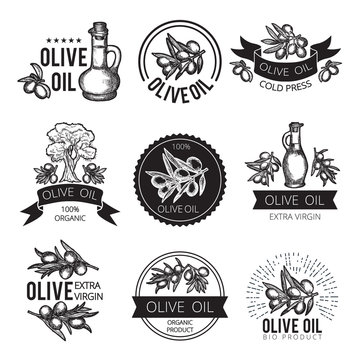 Different monochrome labels of olive products and ingredients. Vector pictures for package design with place for your text