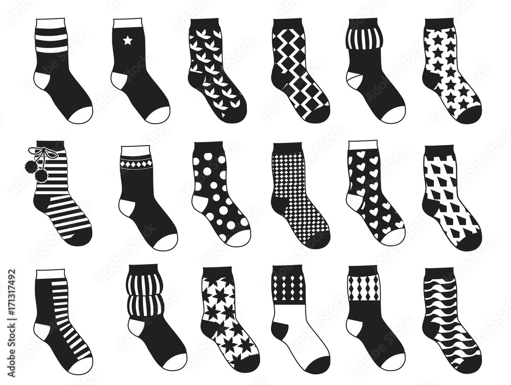 Poster silhouette of kids socks with different patterns. vector monochrome illustrations isolate