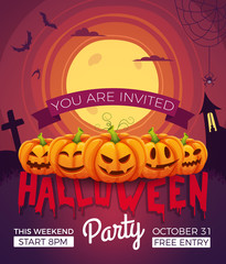 Poster invitation for halloween party. Vector illustrations of Pumpkins with different emotions