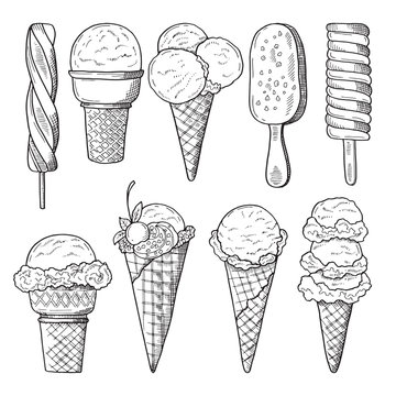 Hand Drawn Illustrations Set Of Ice Creams. Vector Sketch