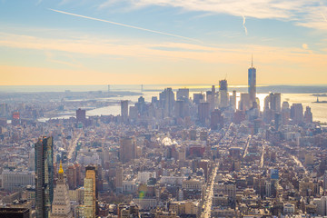 Fototapeta premium NEW YORK - 20 DECEMBER, 2016: Aerial Panoramic View of New York City with Absolutely Amazing Sunny Sky Background using for Wallpaper, Horizontal View
