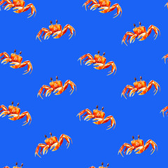 Fototapeta na wymiar Watercolor seamless pattern with crabs, hand-drawn watercolor background.