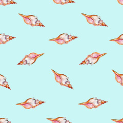 Watercolor seamless pattern with seashells, hand-drawn watercolor background.
