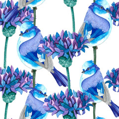 The victitional pattern. White-blue birds. Blue-violet cornflowers.