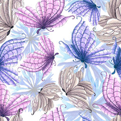 Seamless pattern with color hand drawn butterflies on white background, watercolor illustration