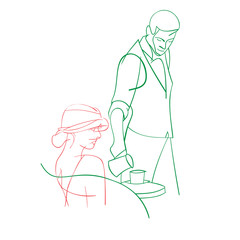 waiter serving young lady having a cup of coffee