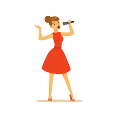 Beautiful woman singer in red dress singing with microphone vector Illustration