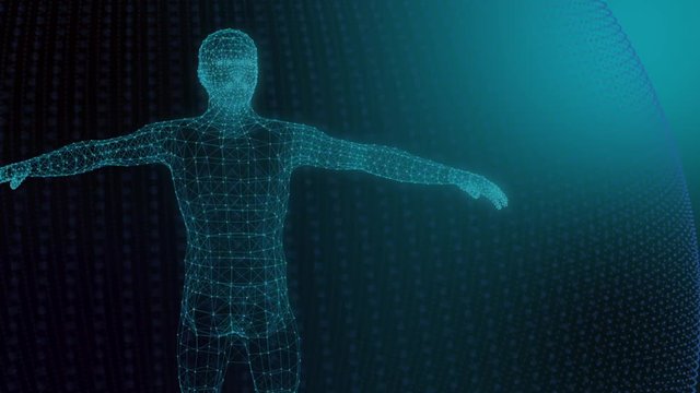 3d model of man geometric model of luminous lines blue