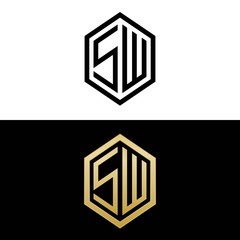 initial letters logo sw black and gold monogram hexagon shape vector