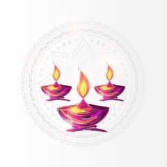 Diwali festival poster. DIwali holiday shiny background with diya lamps and rangoli. Vector illustration