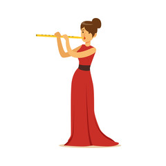 Elegantly dressed female musician playing flute, classical music performance vector Illustration
