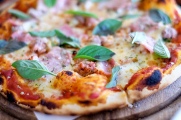 Closeup shot of slices of cheese pizza with dough crust, cheese, bacon, basil and pizza sauce on paper and wooden pan for concept of fast food. Selective blur effect.
