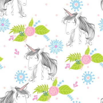 Magic cute unicorn with flowers. Vector seamless pattern