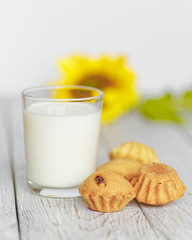 Milk in a glass cup and cupcakes on a white rustic wooden table. Shallow depth of field