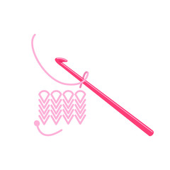 Knitting with hook on white background. Vector illustration, flat design