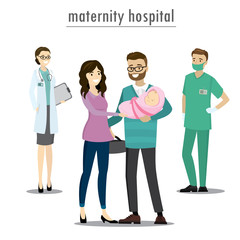 Fototapeta premium Young family couple with newborn baby,Doctor and nurse