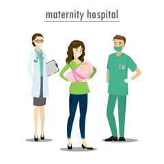 Fototapeta premium Maternity hospital,Doctor, nurse and woman with a newborn baby