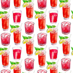 Lemonade seamless pattern, hand-drawn watercolor on white background.