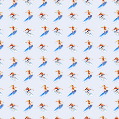 Man and girl surfers, watercolor seamless pattern, hand-drawn summer  background.
