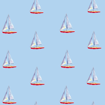 Watercolor seamless pattern with sailboats, bright hand-drawn summer  background.