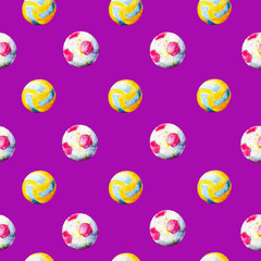 Watercolor seamless pattern with volleyball and football balls, bright hand-drawn summer  background.